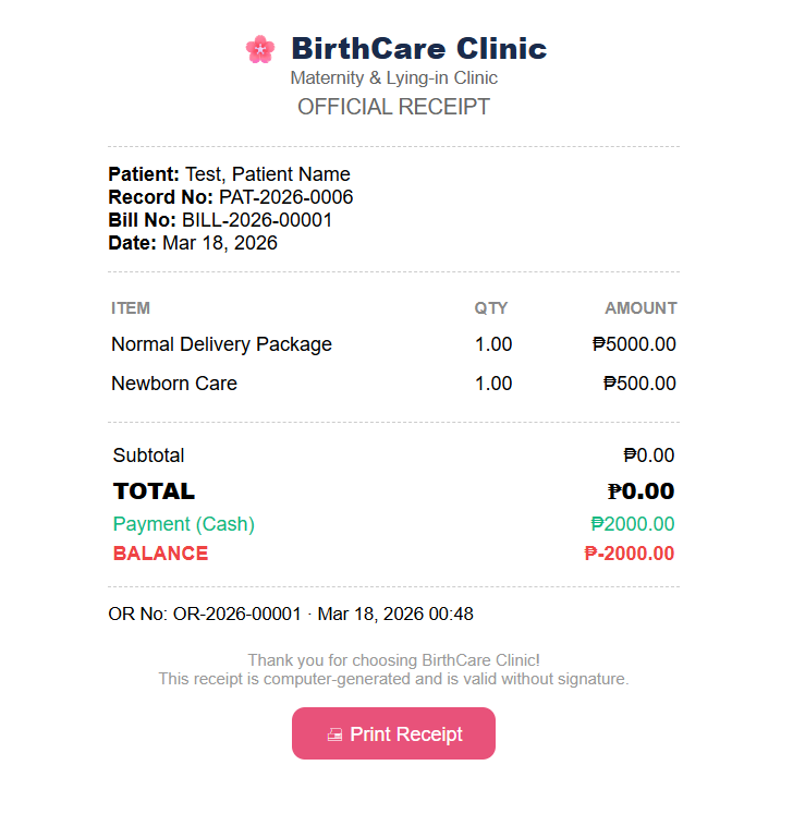 Billing Receipt